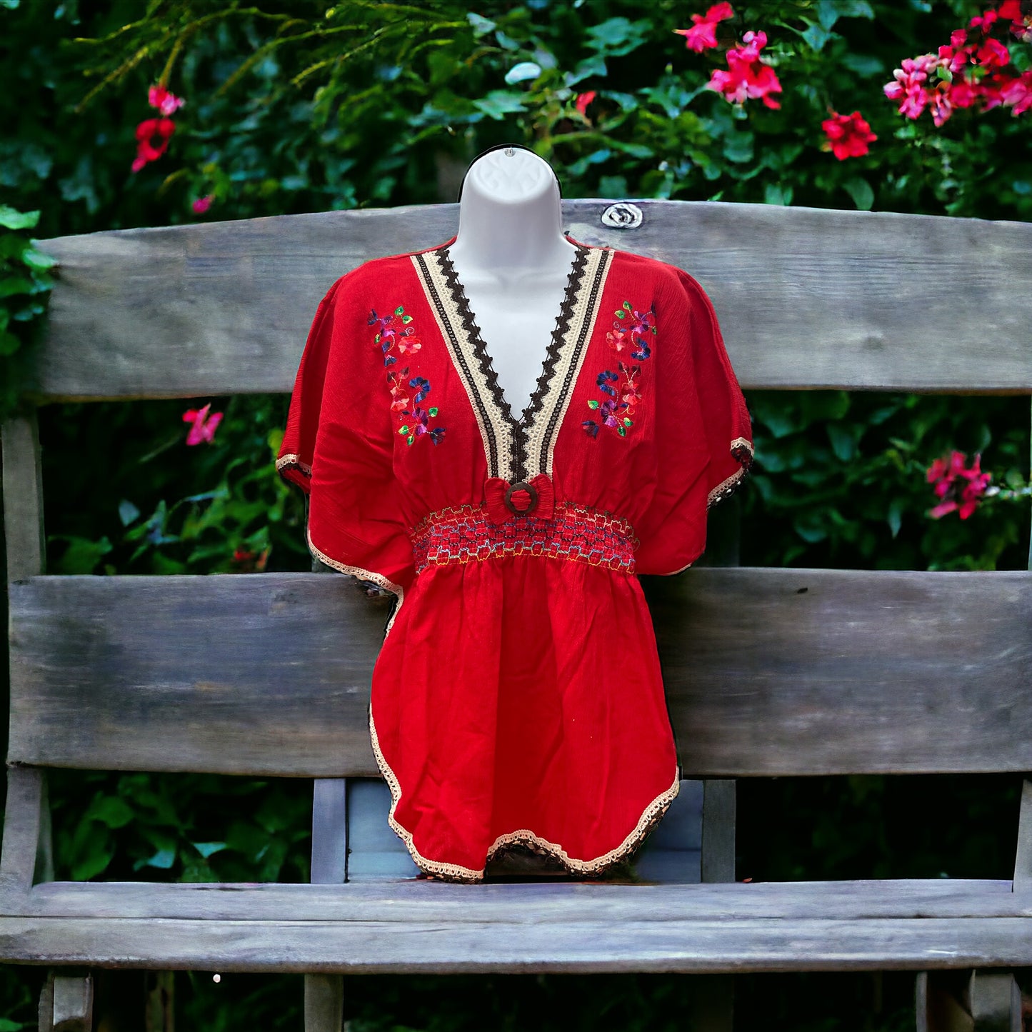 Floral Hand Embroidered Butterfly Sleeve Top. 5 de Mayo. Embroidered Floral Top. Artisanal Blouse. Typical Ecuadorian Blouse.