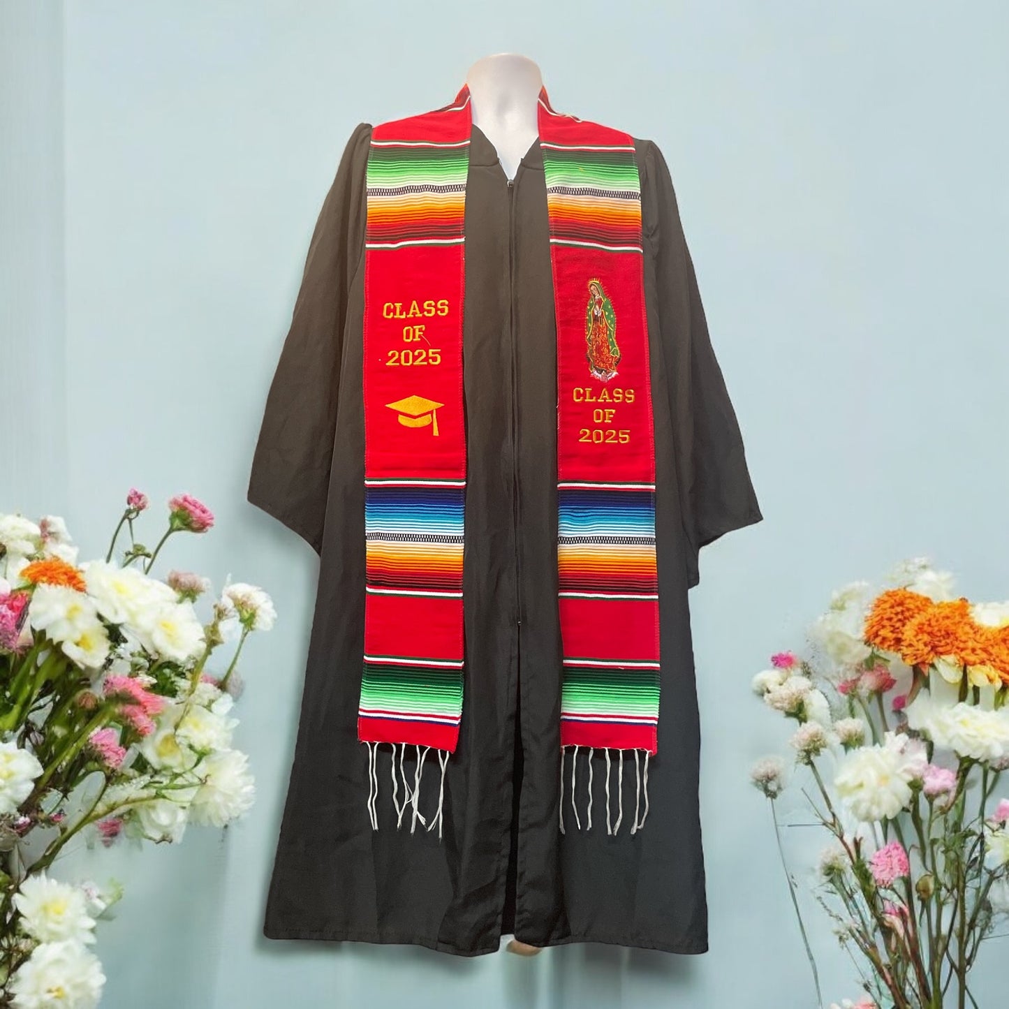 Estola de graduacion 2025 con la Virgen de Guadalupe. Graduation Mexican Sash