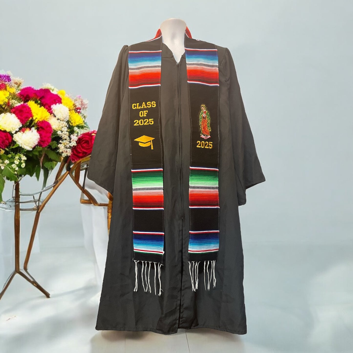 Estola de graduacion 2025 con la Virgen de Guadalupe. Graduation Mexican Sash