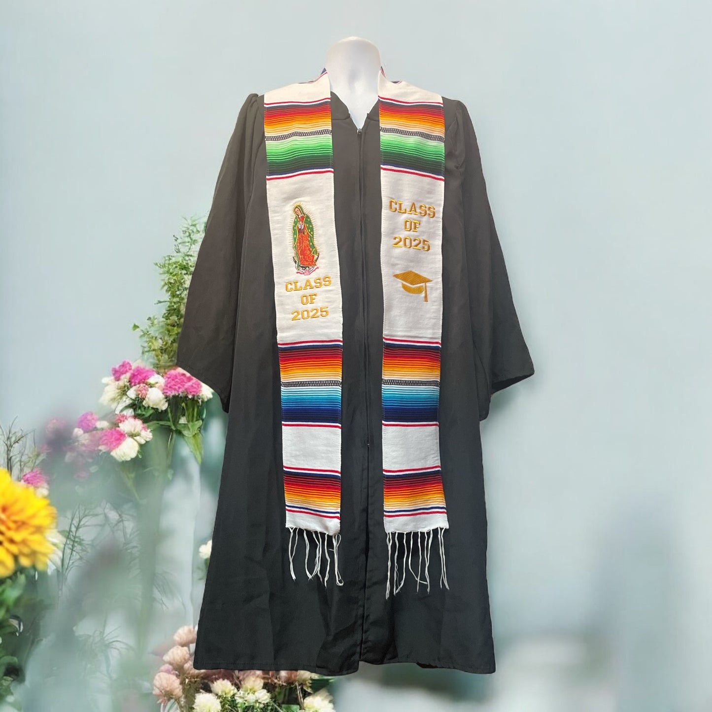 Estola de graduacion 2025 con la Virgen de Guadalupe. Graduation Mexican Sash