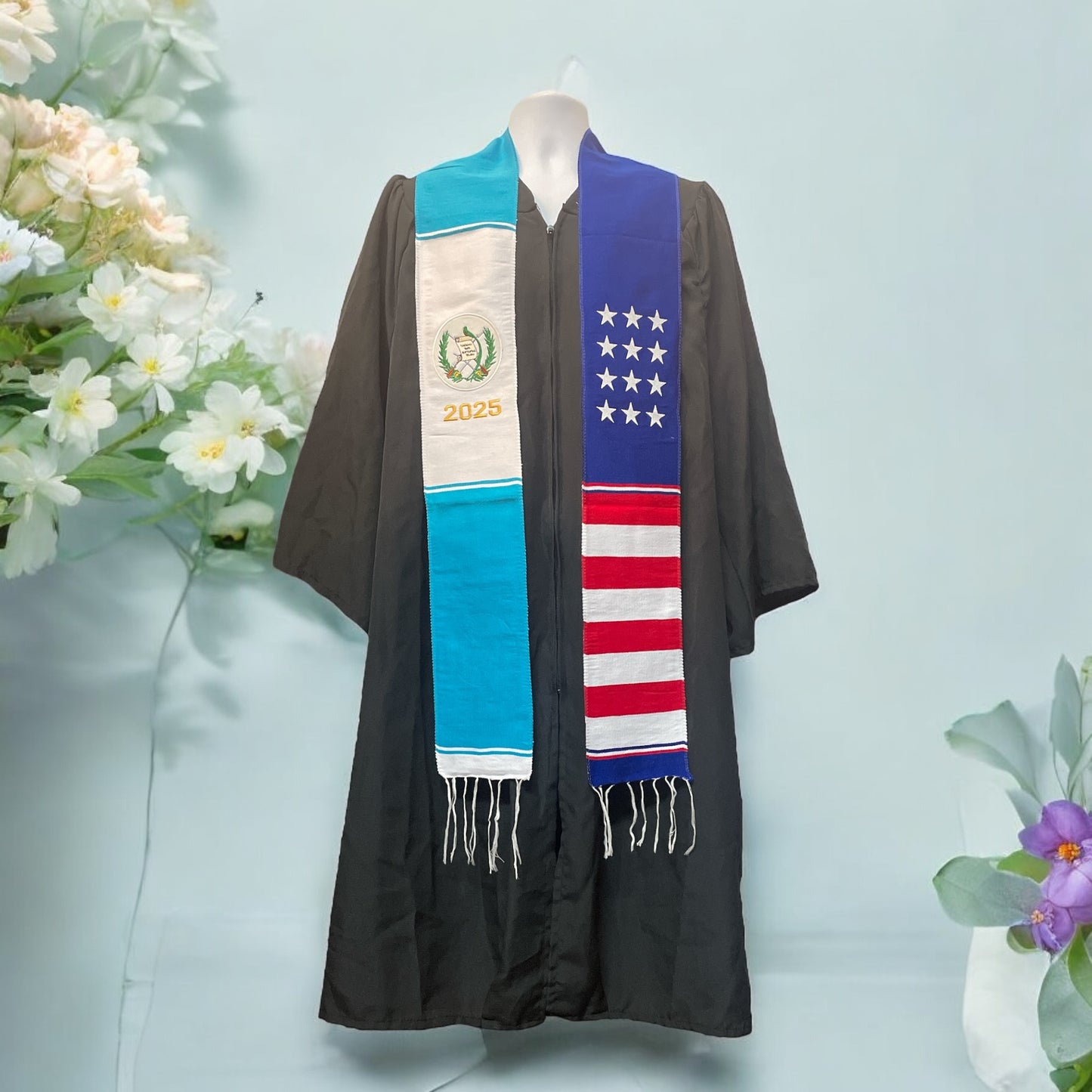 Authentic Graduation Sash with American and Guatemala Flag Class of 2025, Hispanic Stole Graduation Stole Serape,