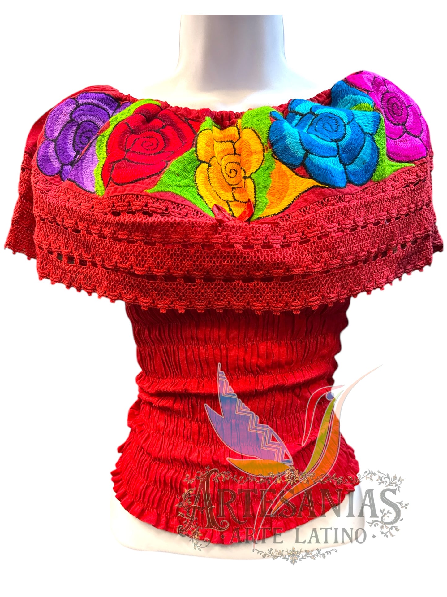 Off-the-Shoulder Peasant Blouse Crop Top: Elastic Embroidered Shirt