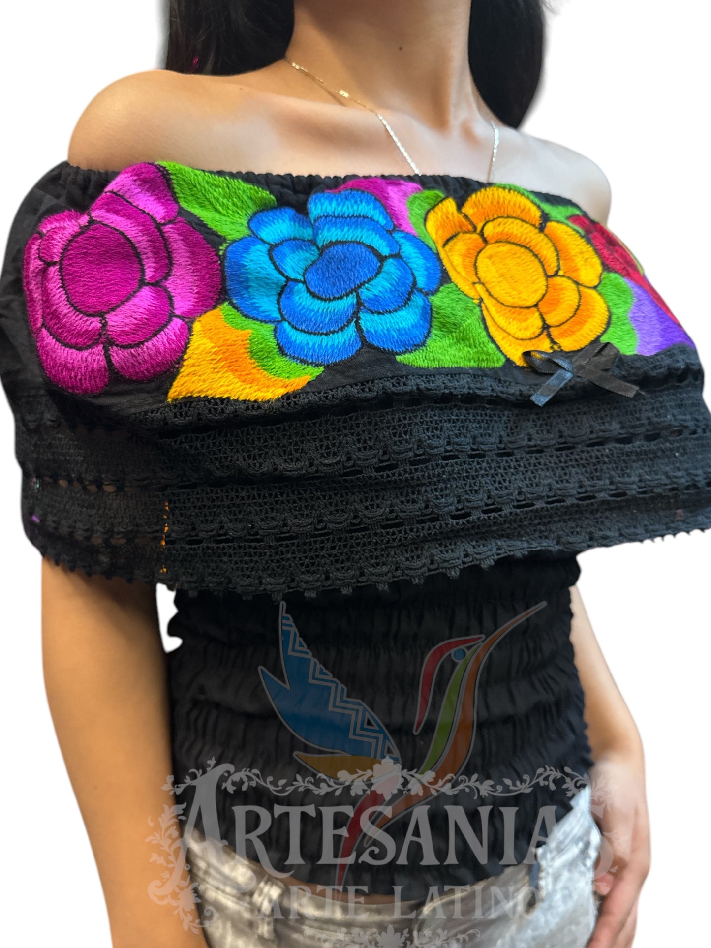 Off-the-Shoulder Peasant Blouse Crop Top: Elastic Embroidered Shirt