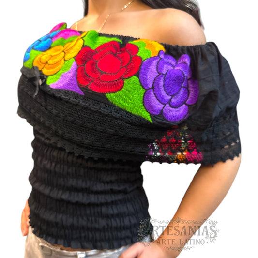 Off-the-Shoulder Peasant Blouse Crop Top: Elastic Embroidered Shirt